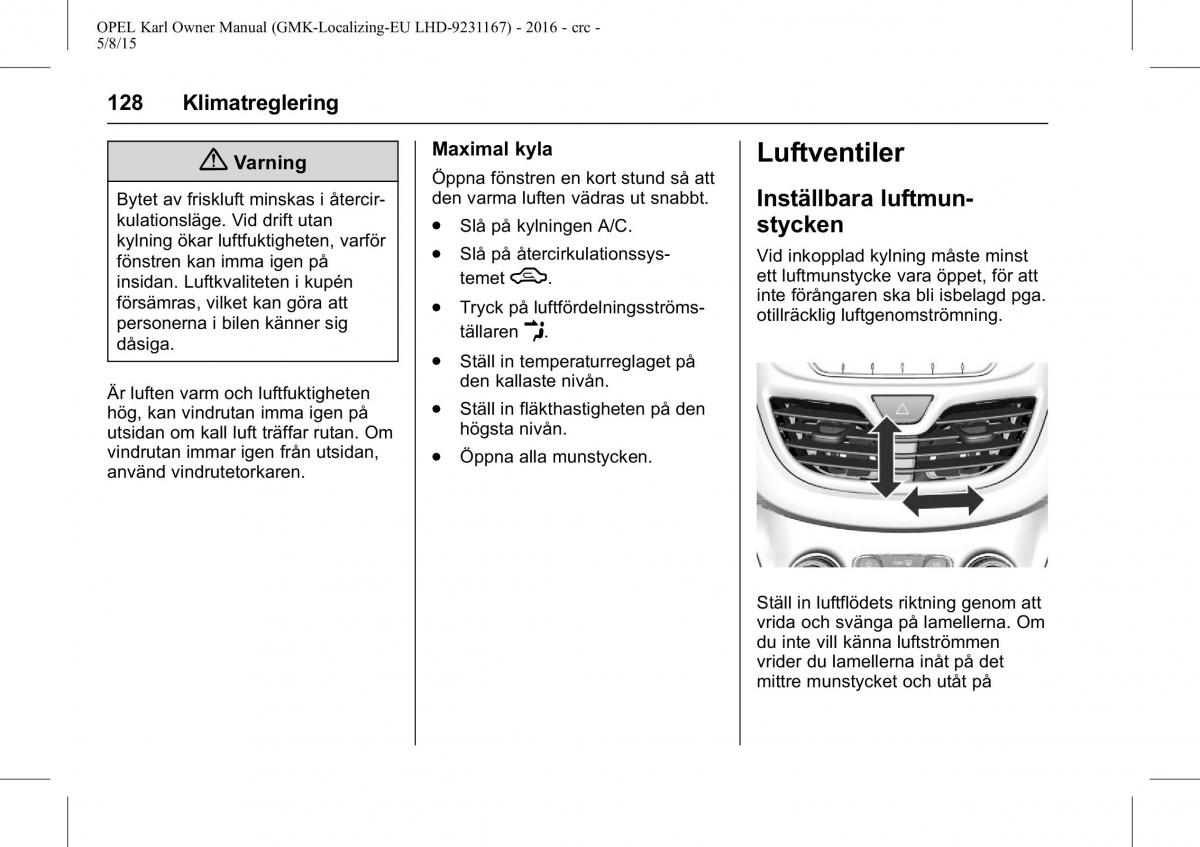 Opel Karl instruktionsbok / page 129