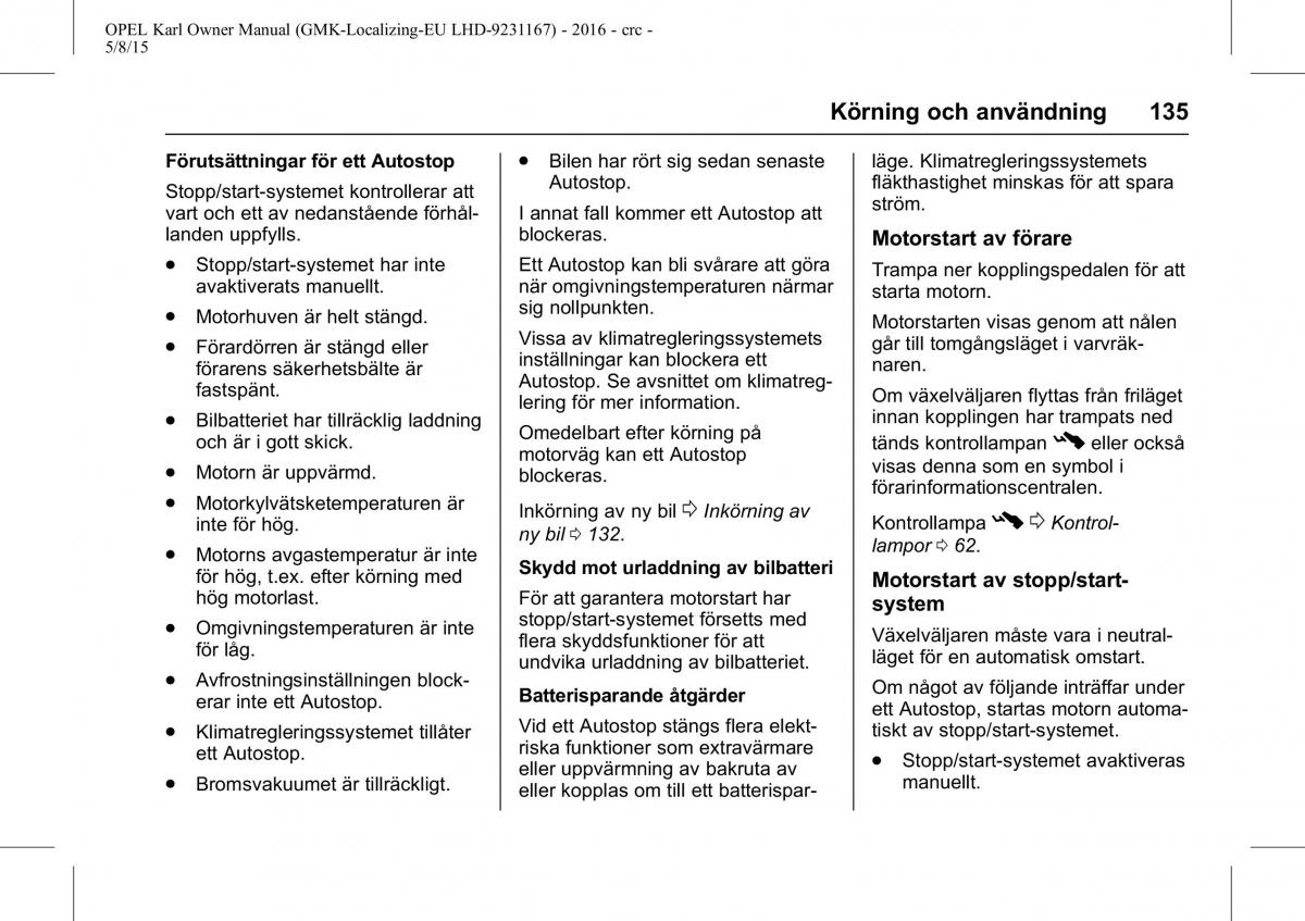 Opel Karl instruktionsbok / page 136