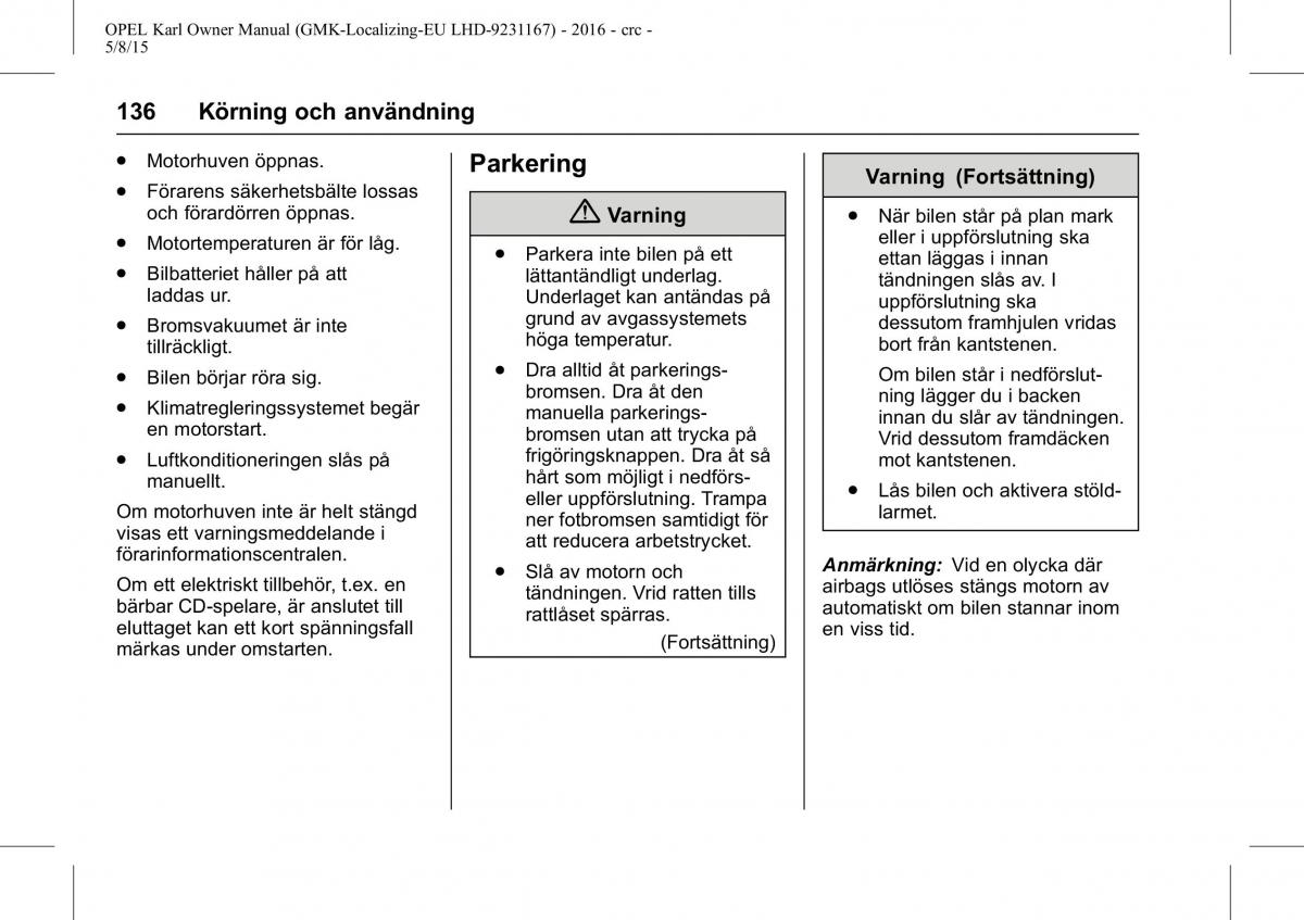 Opel Karl instruktionsbok / page 137