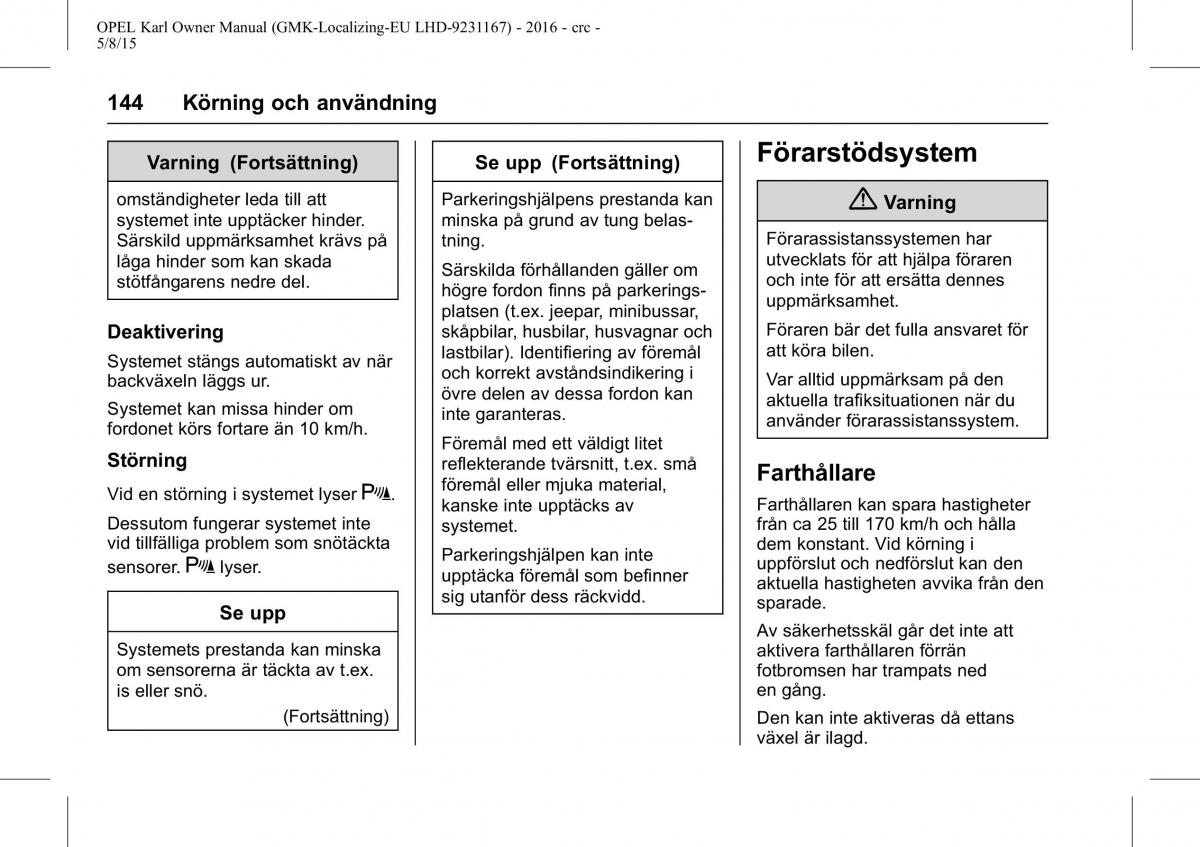 Opel Karl instruktionsbok / page 145