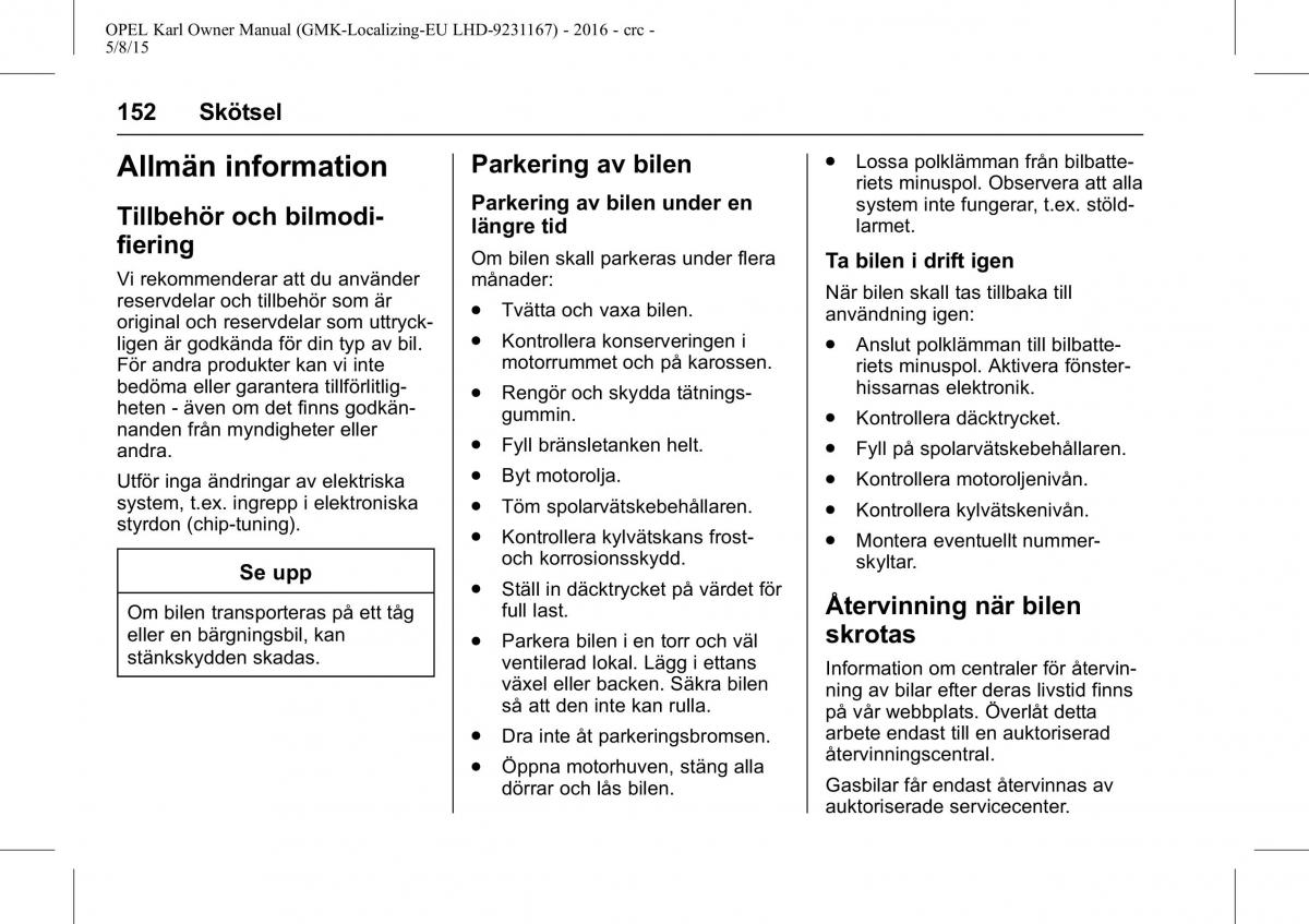 Opel Karl instruktionsbok / page 153