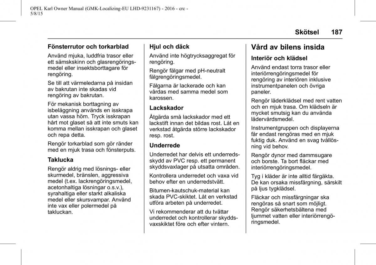 Opel Karl instruktionsbok / page 188