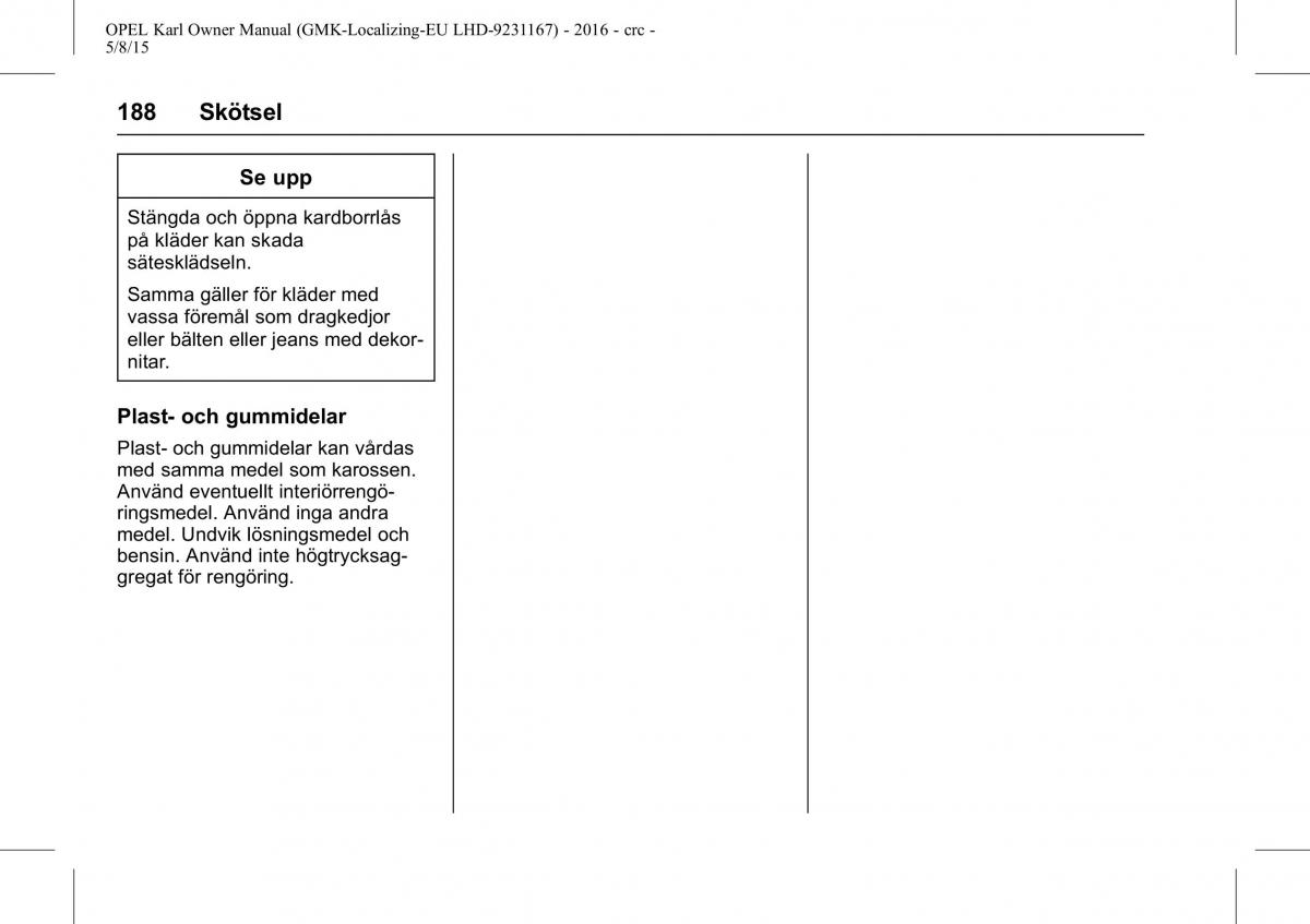 Opel Karl instruktionsbok / page 189