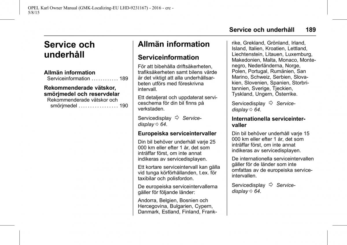 Opel Karl instruktionsbok / page 190