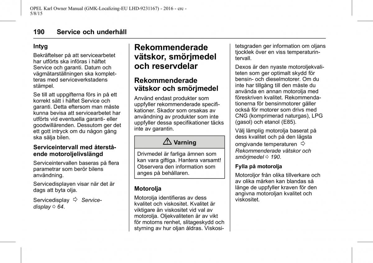 Opel Karl instruktionsbok / page 191