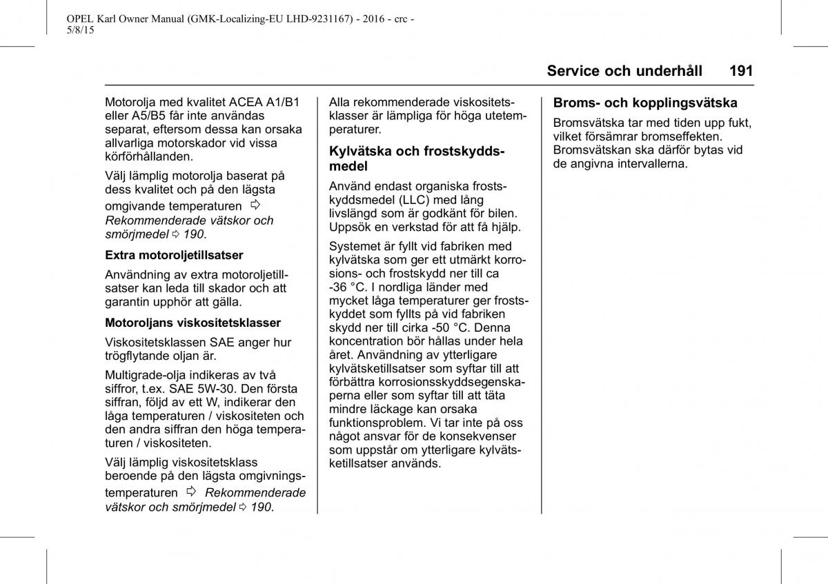 Opel Karl instruktionsbok / page 192