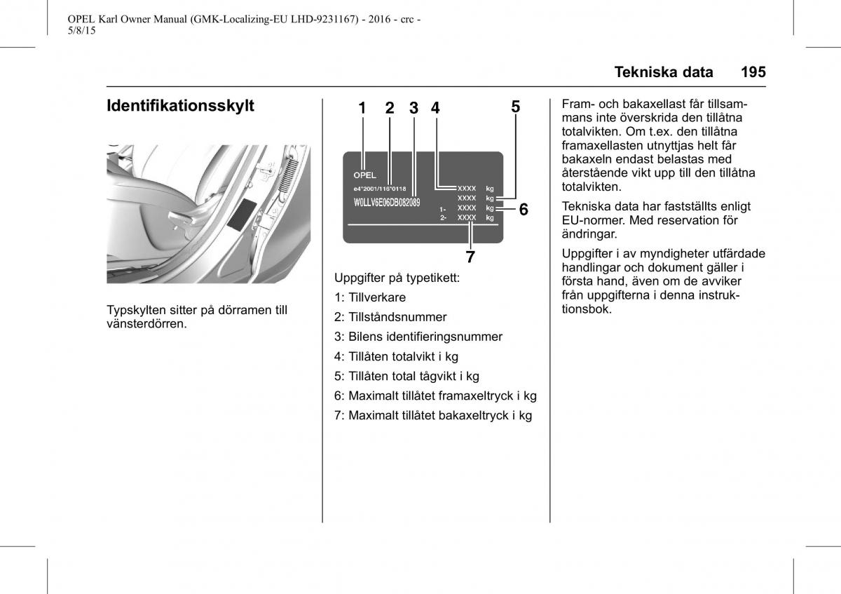 Opel Karl instruktionsbok / page 196