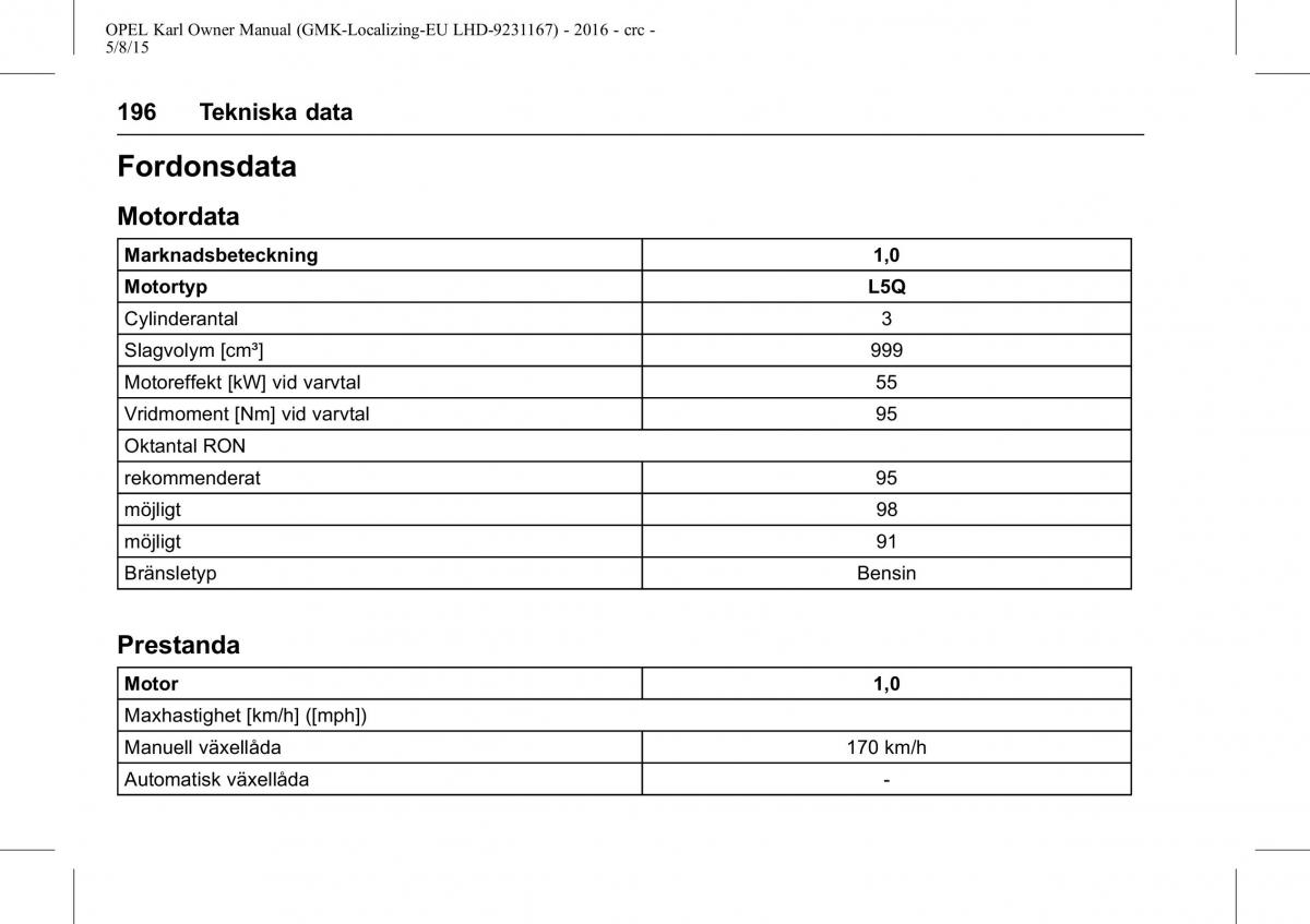 Opel Karl instruktionsbok / page 197