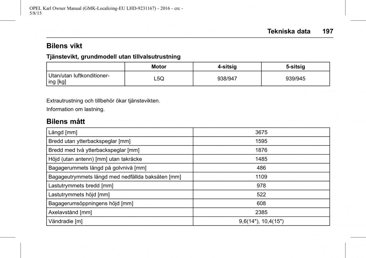 Opel Karl instruktionsbok / page 198