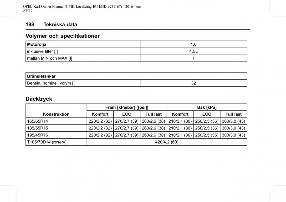 Opel Karl instruktionsbok / page 199