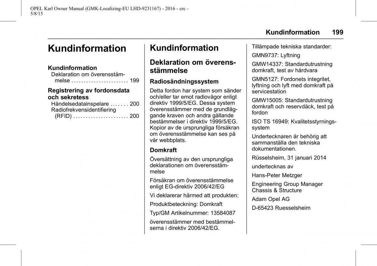 Opel Karl instruktionsbok / page 200