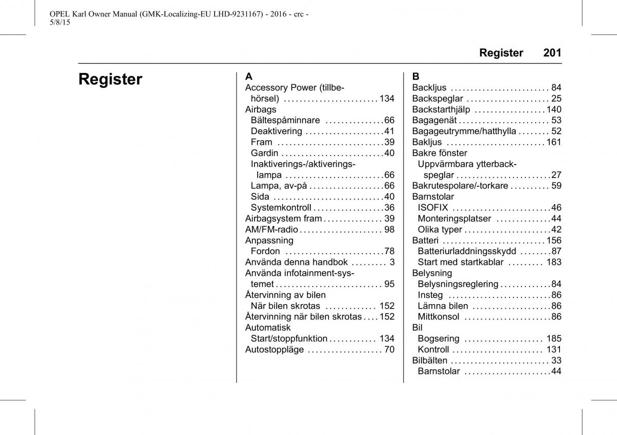 Opel Karl instruktionsbok / page 202