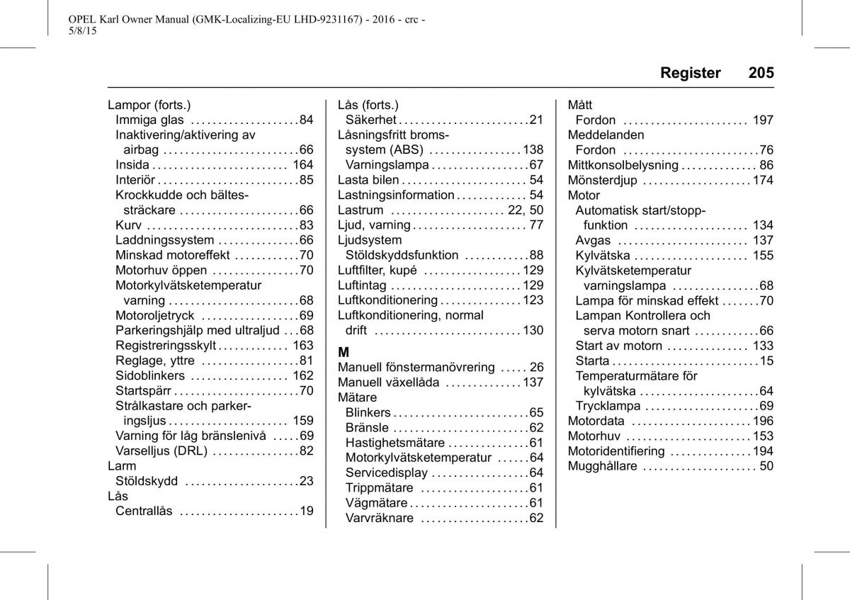 Opel Karl instruktionsbok / page 206