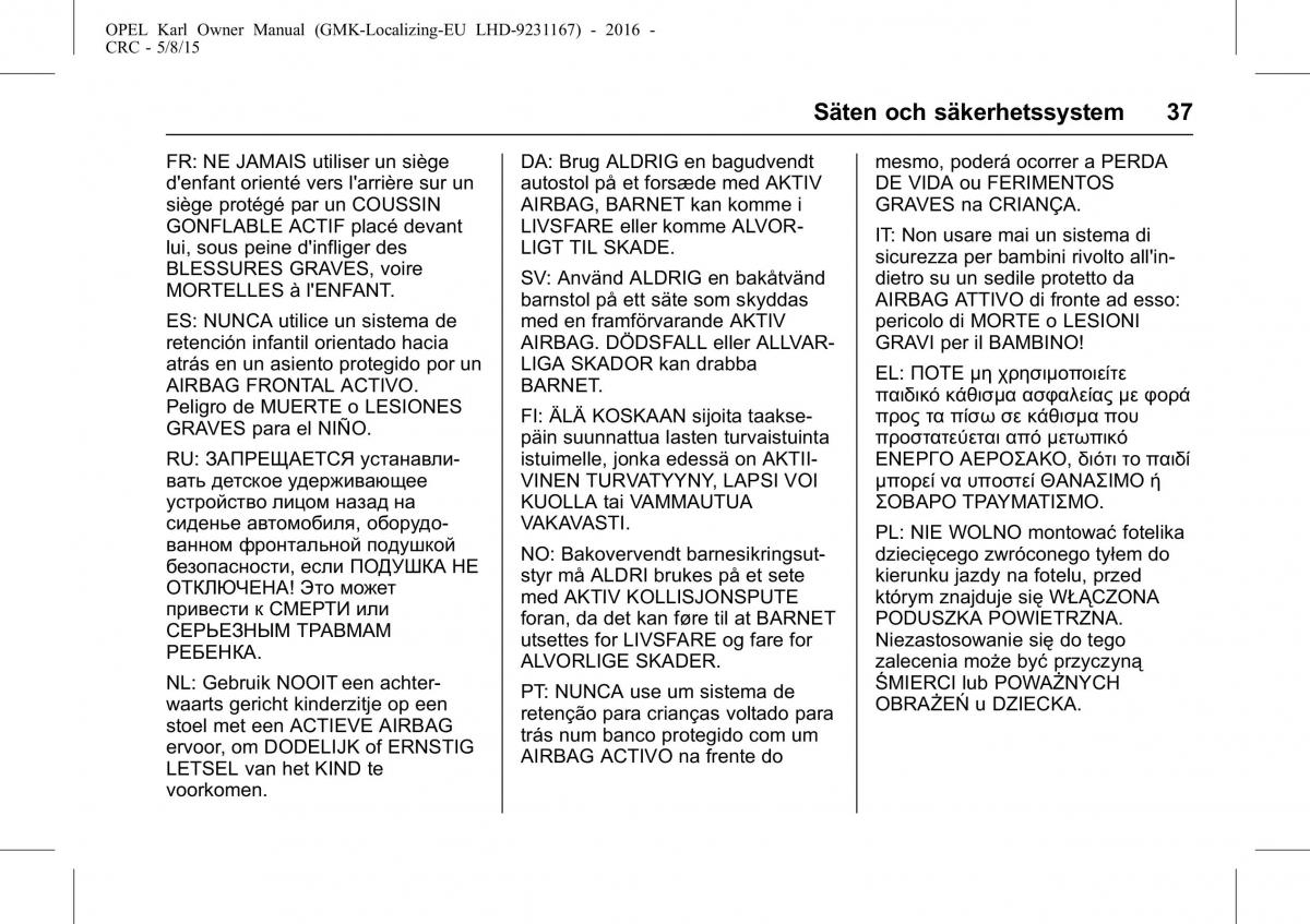 Opel Karl instruktionsbok / page 38