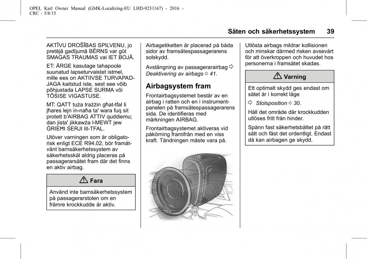 Opel Karl instruktionsbok / page 40