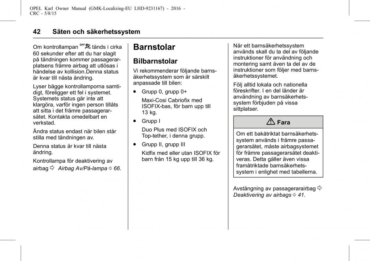 Opel Karl instruktionsbok / page 43