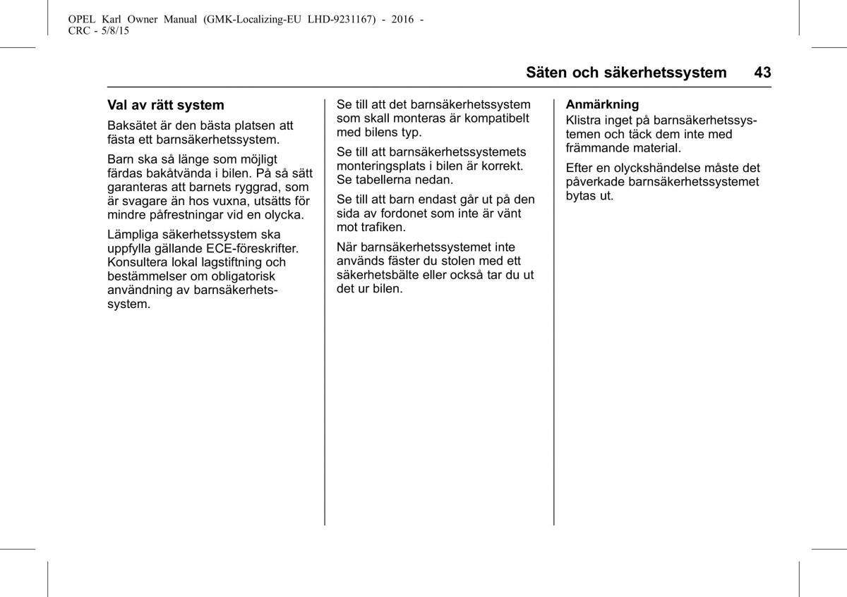 Opel Karl instruktionsbok / page 44