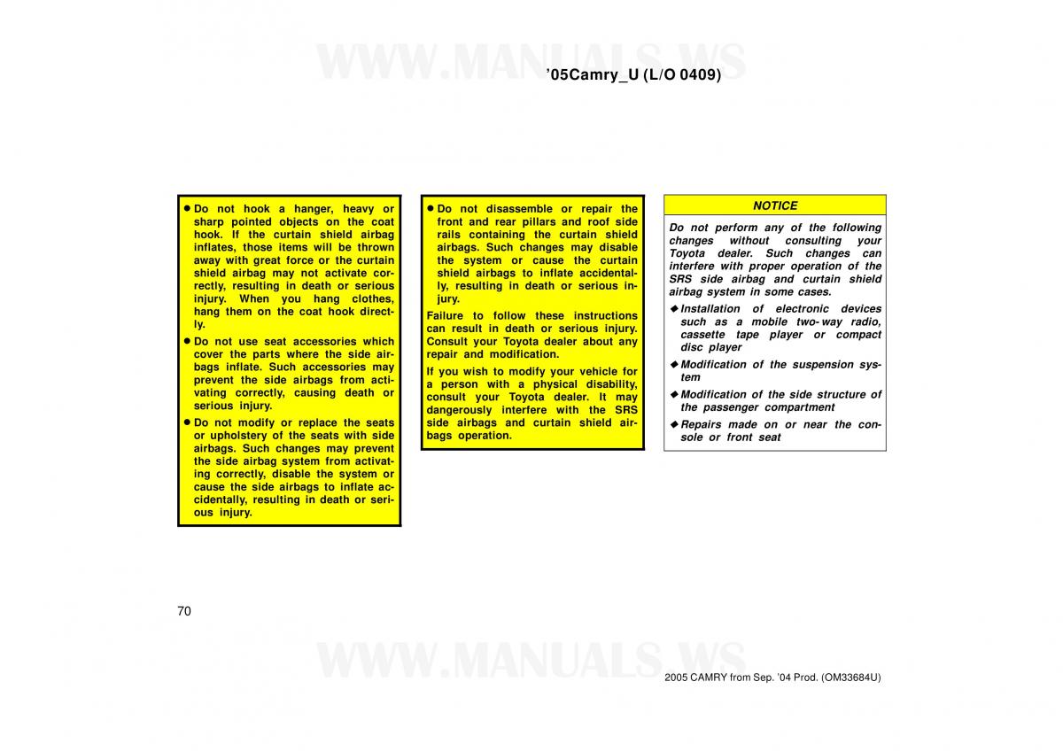 Toyota Camry VI 6 owners manual / page 70