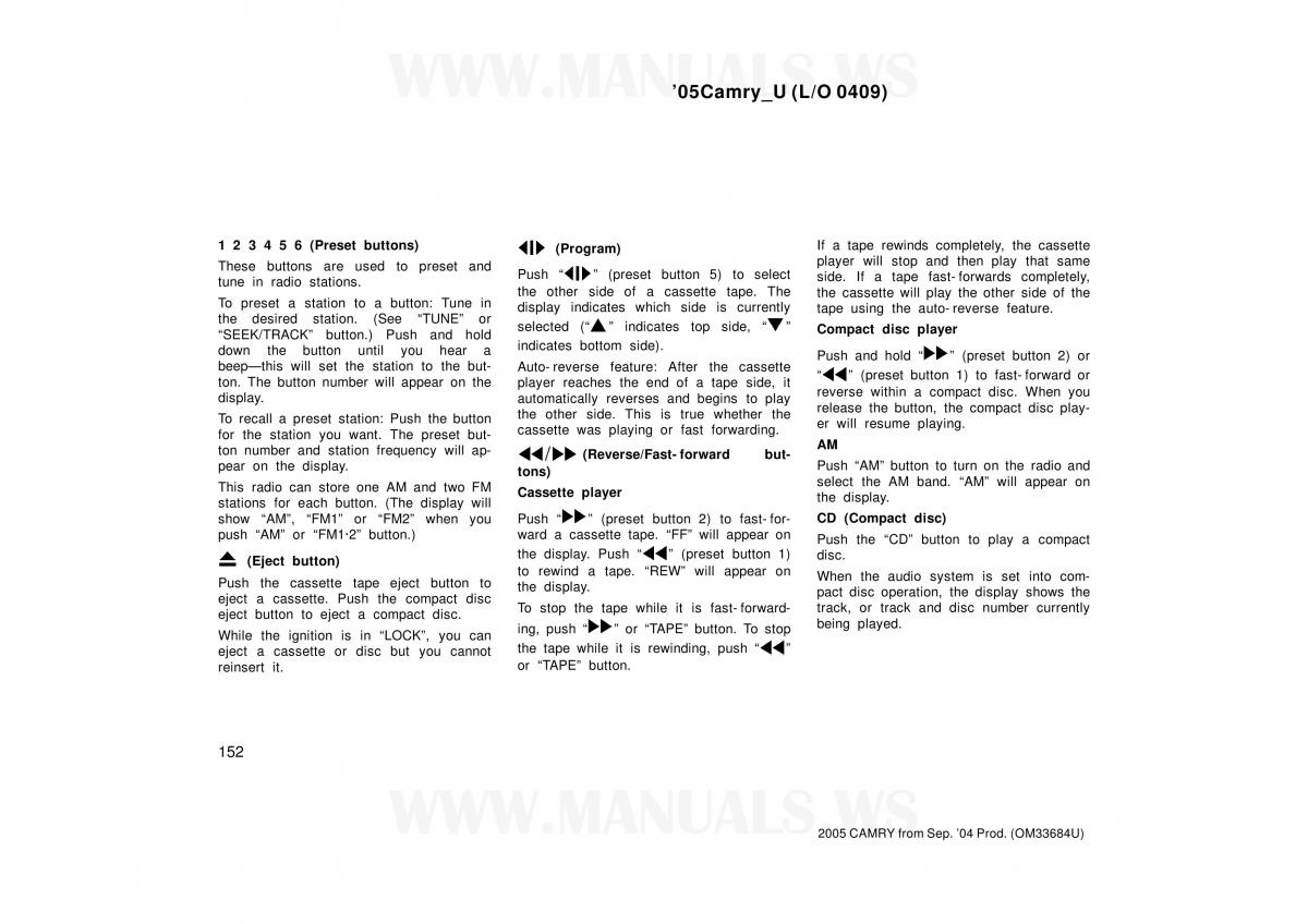 Toyota Camry VI 6 owners manual / page 152