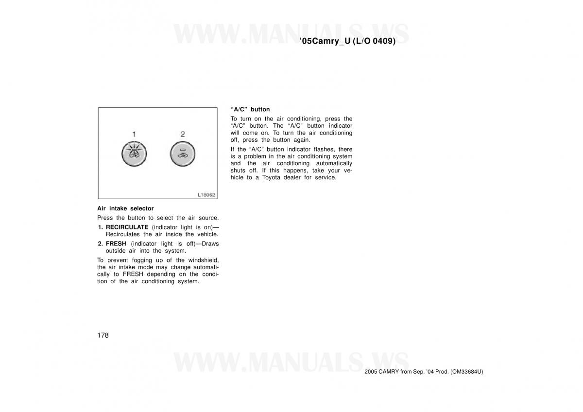 Toyota Camry VI 6 owners manual / page 178