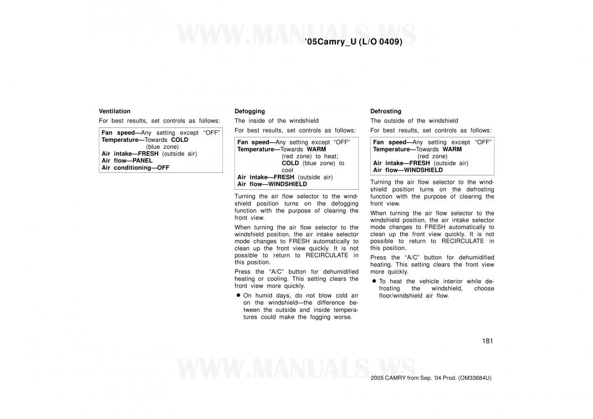 Toyota Camry VI 6 owners manual / page 181