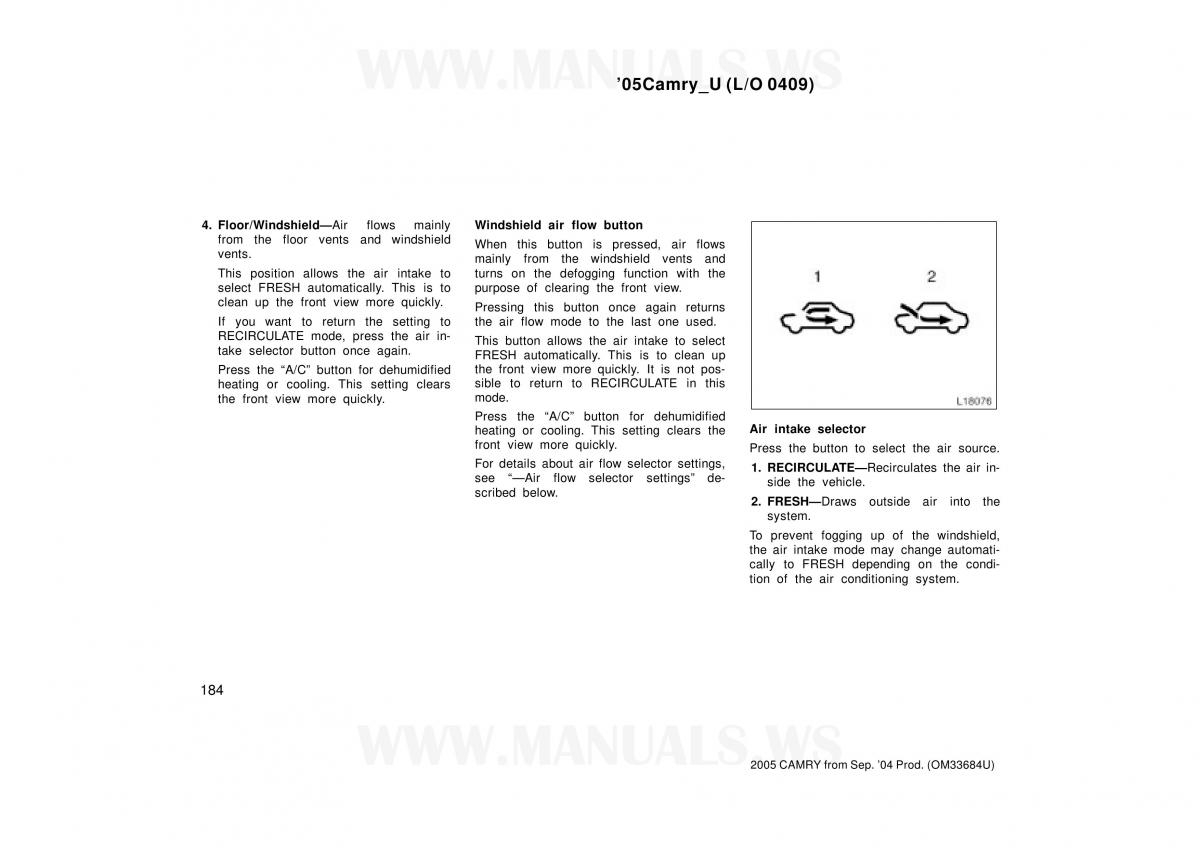 Toyota Camry VI 6 owners manual / page 184