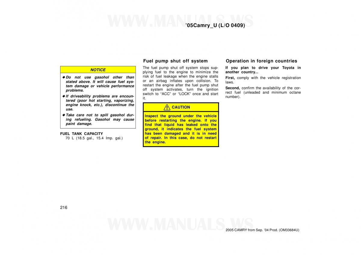 Toyota Camry VI 6 owners manual / page 216