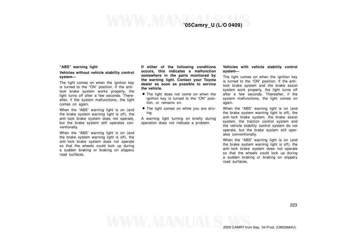 Toyota Camry VI 6 owners manual / page 223