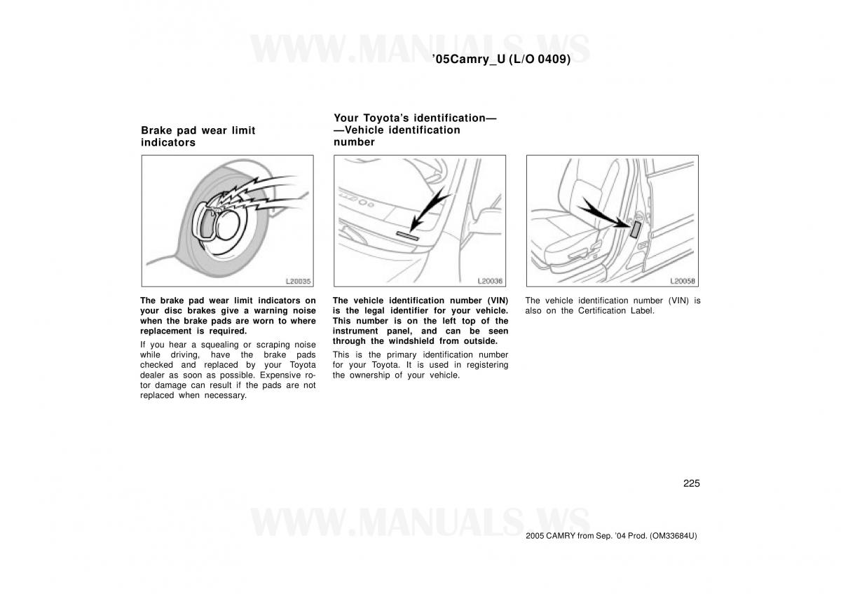 Toyota Camry VI 6 owners manual / page 225