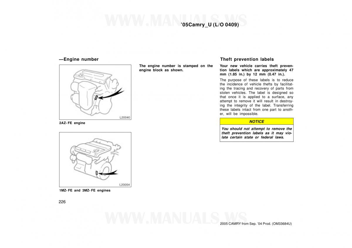 Toyota Camry VI 6 owners manual / page 226