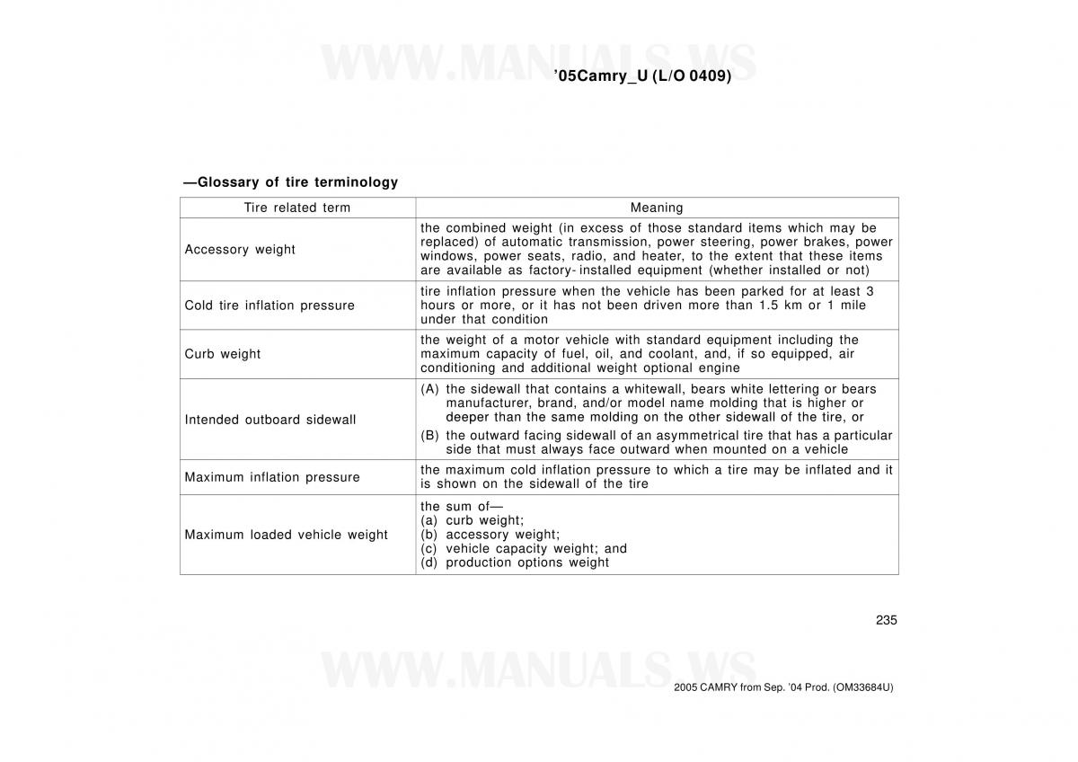 Toyota Camry VI 6 owners manual / page 235