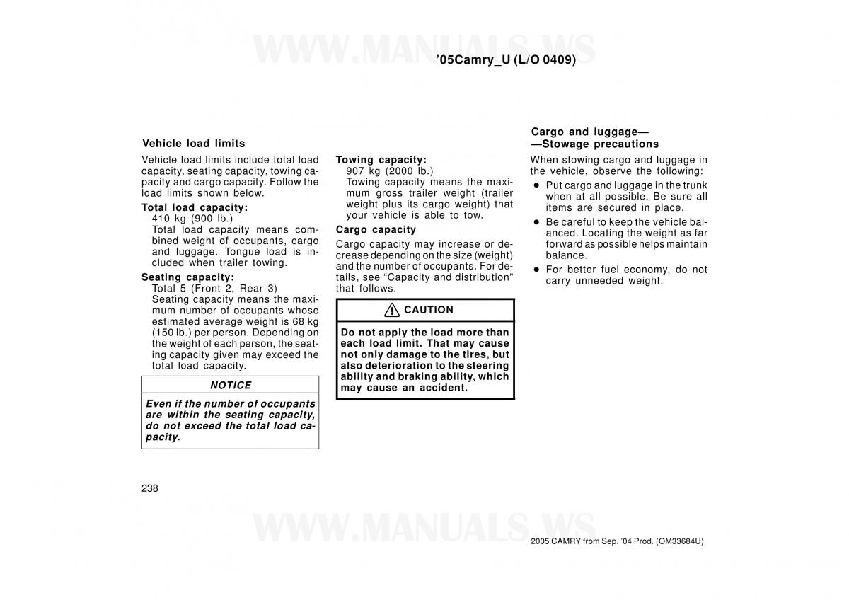 Toyota Camry VI 6 owners manual / page 238