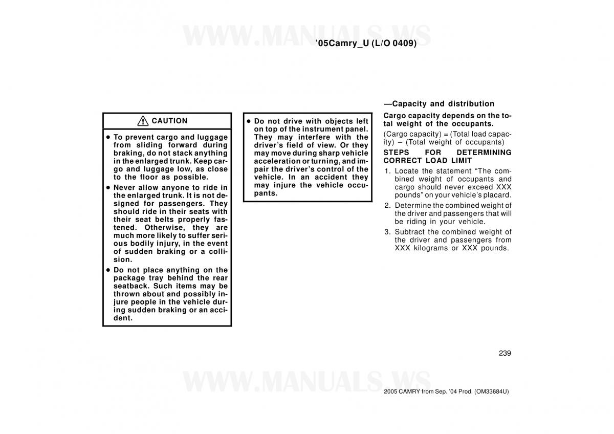 Toyota Camry VI 6 owners manual / page 239