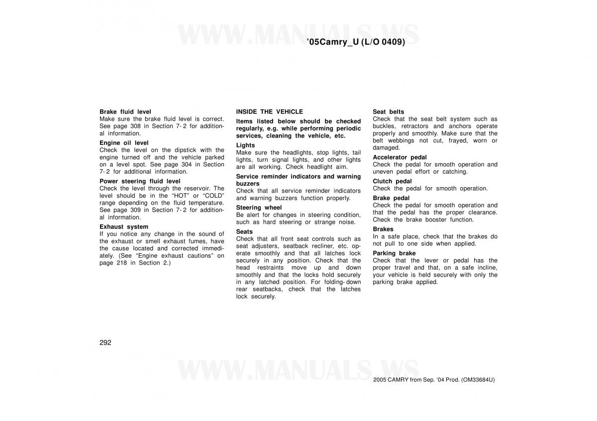 Toyota Camry VI 6 owners manual / page 292