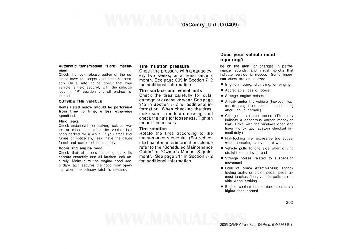 Toyota Camry VI 6 owners manual / page 293