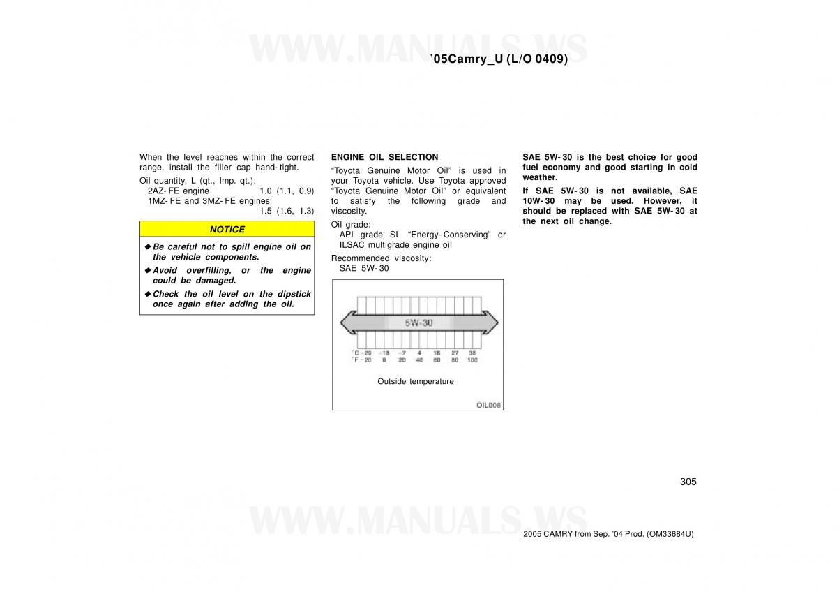 Toyota Camry VI 6 owners manual / page 305