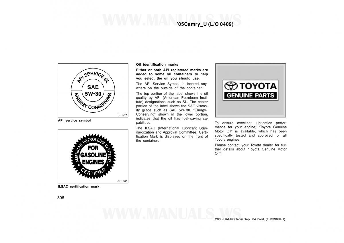 Toyota Camry VI 6 owners manual / page 306