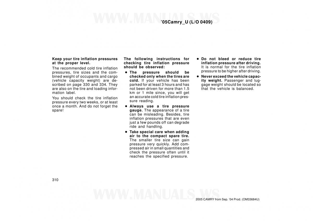 Toyota Camry VI 6 owners manual / page 310