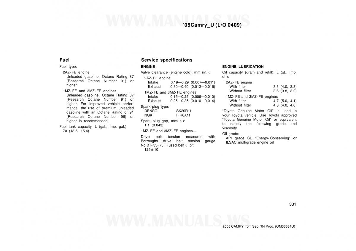 Toyota Camry VI 6 owners manual / page 331