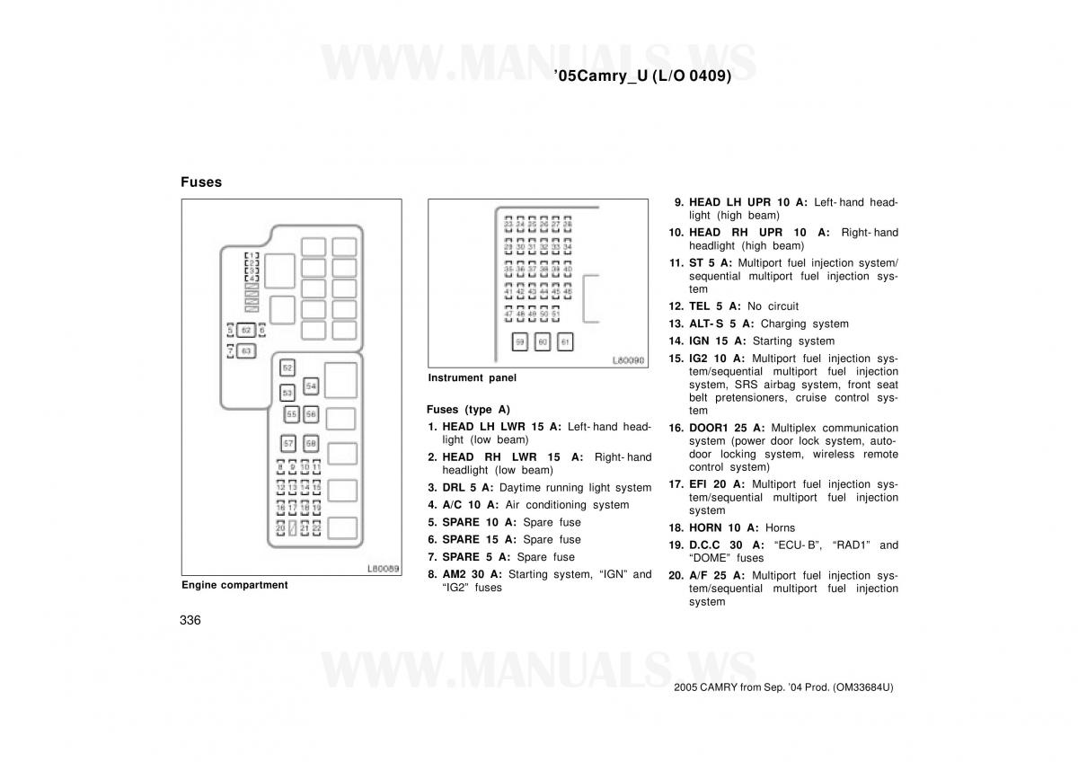 Toyota Camry VI 6 owners manual / page 336