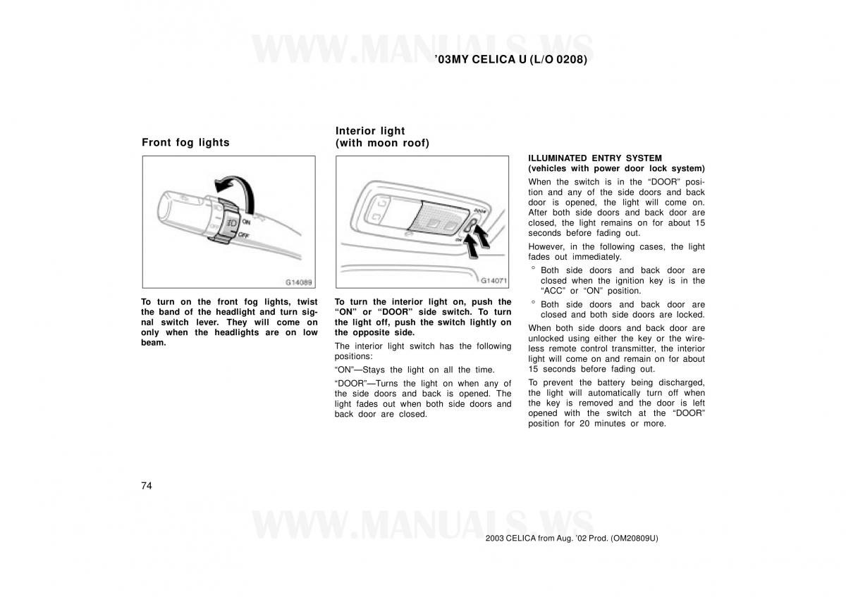 Toyota Celica VII 7 owners manual / page 74