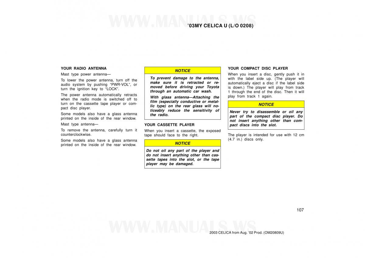 Toyota Celica VII 7 owners manual / page 107