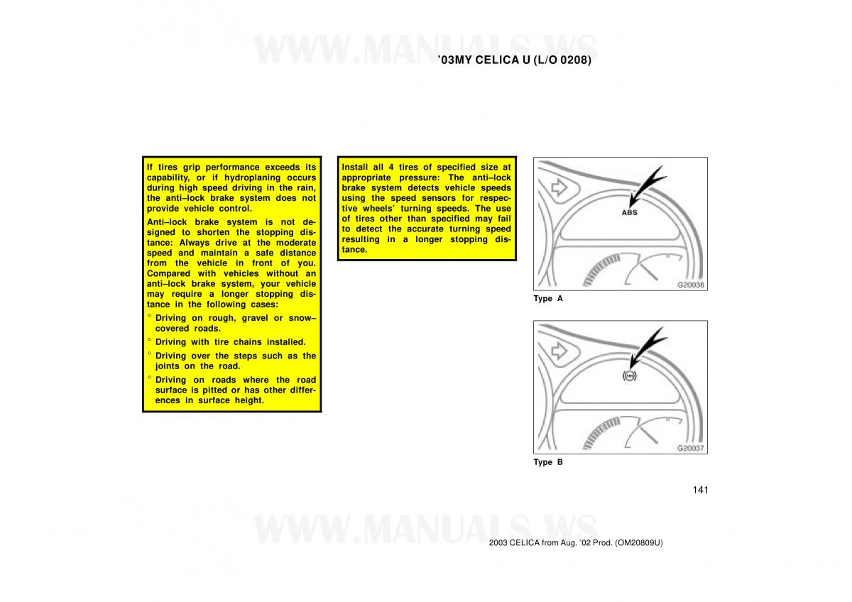 Toyota Celica VII 7 owners manual / page 141