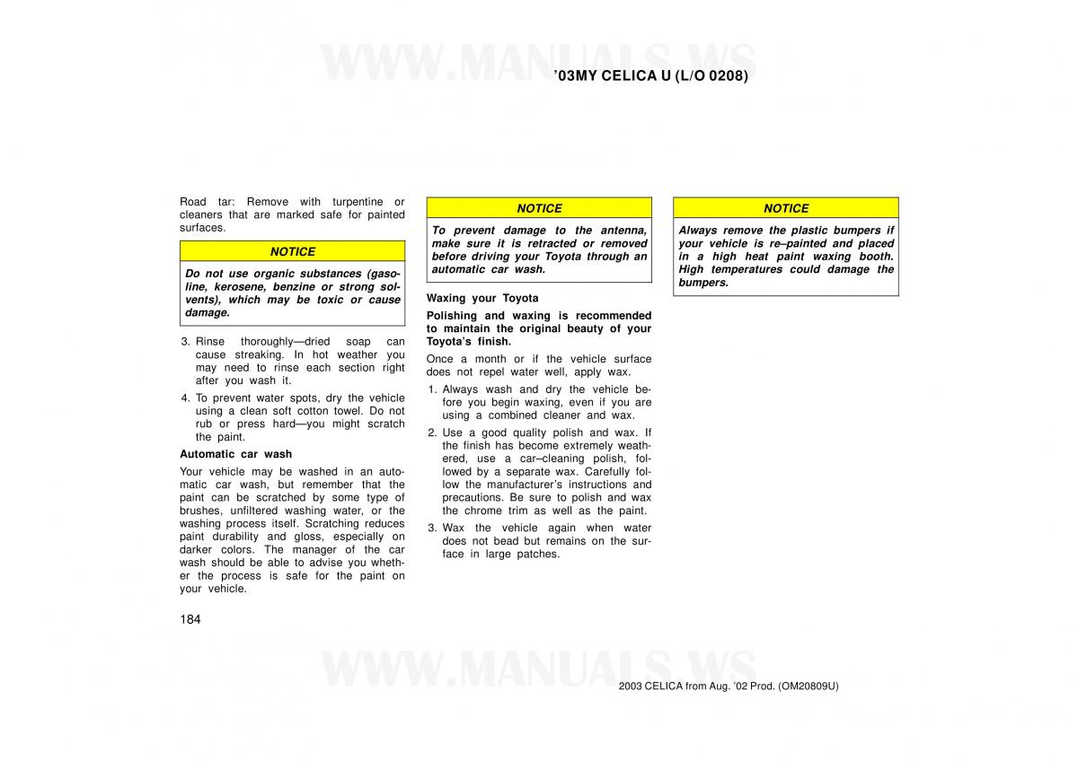 Toyota Celica VII 7 owners manual / page 184