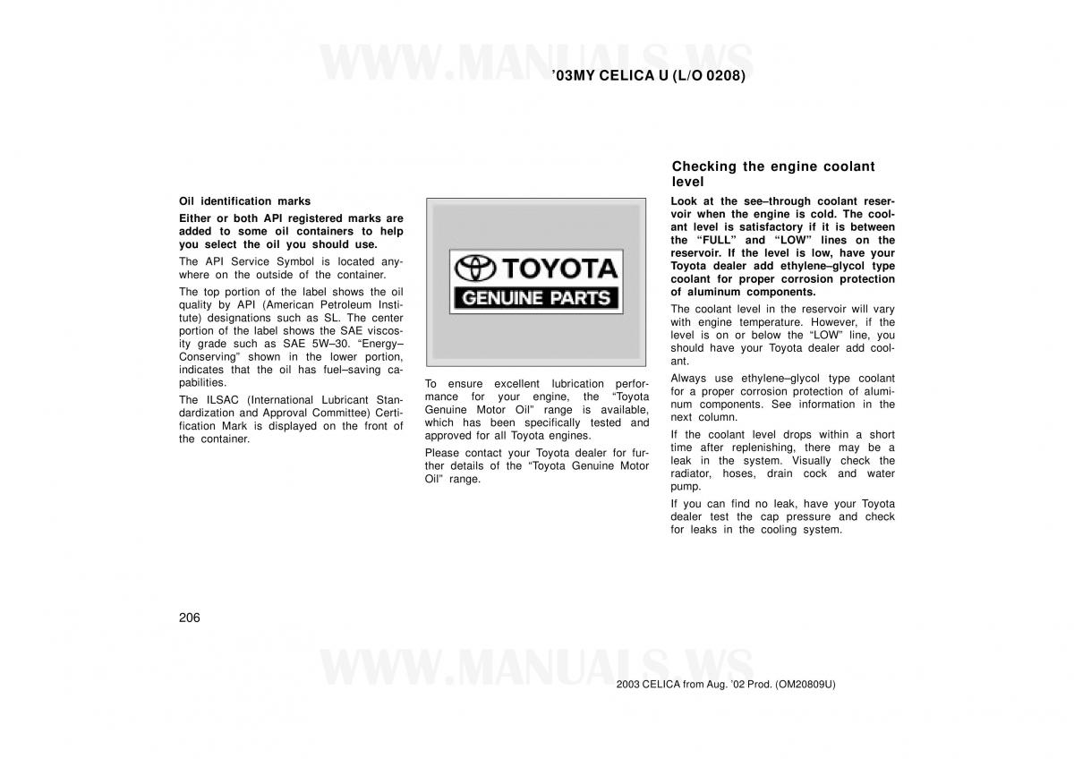 Toyota Celica VII 7 owners manual / page 206