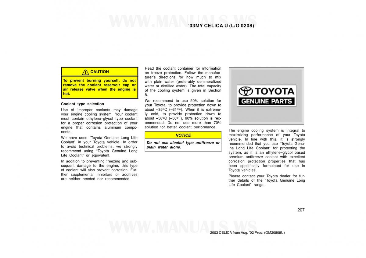 Toyota Celica VII 7 owners manual / page 207