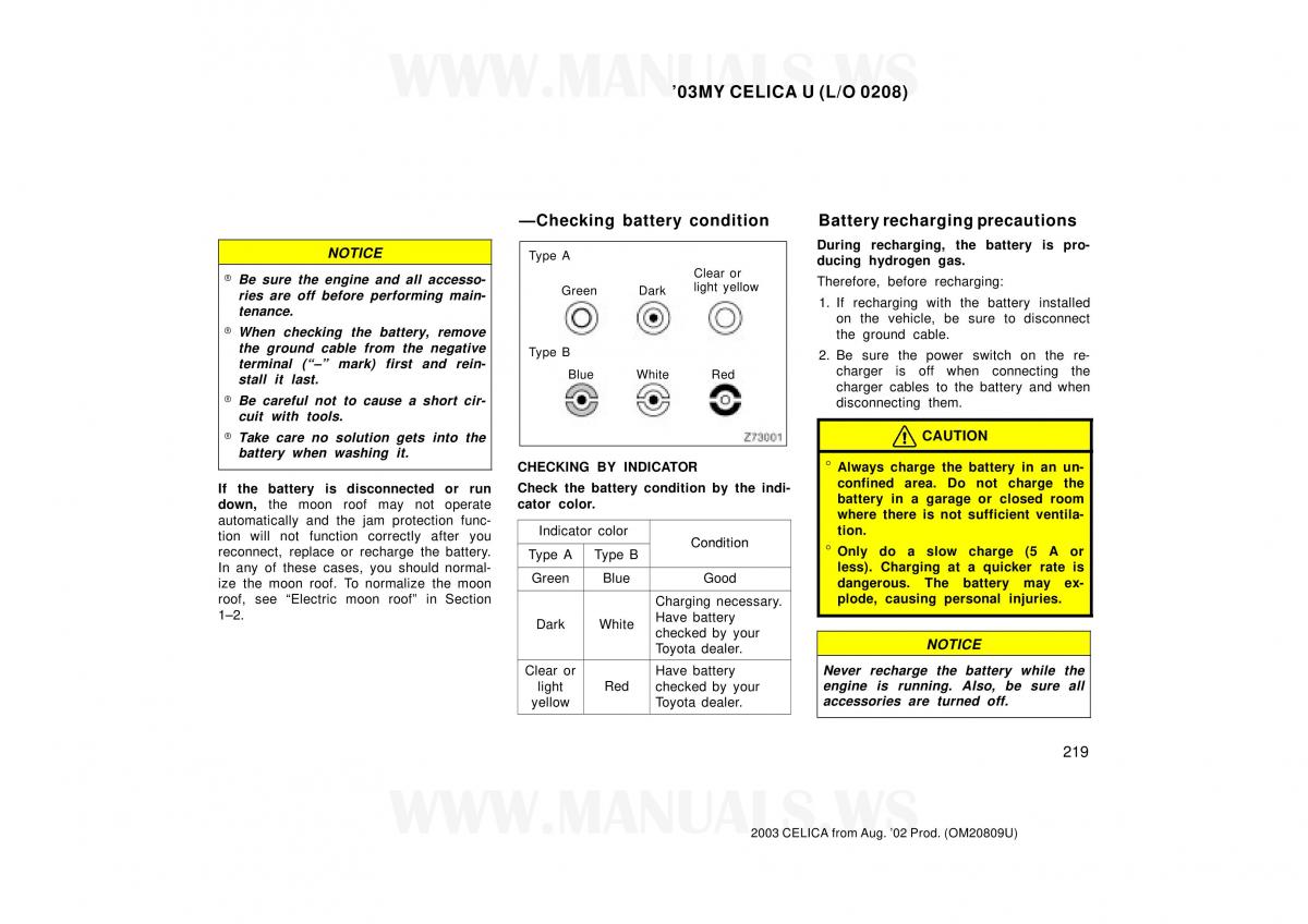 Toyota Celica VII 7 owners manual / page 219