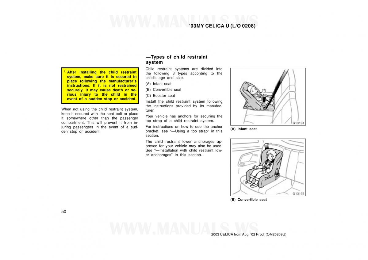 Toyota Celica VII 7 owners manual / page 50