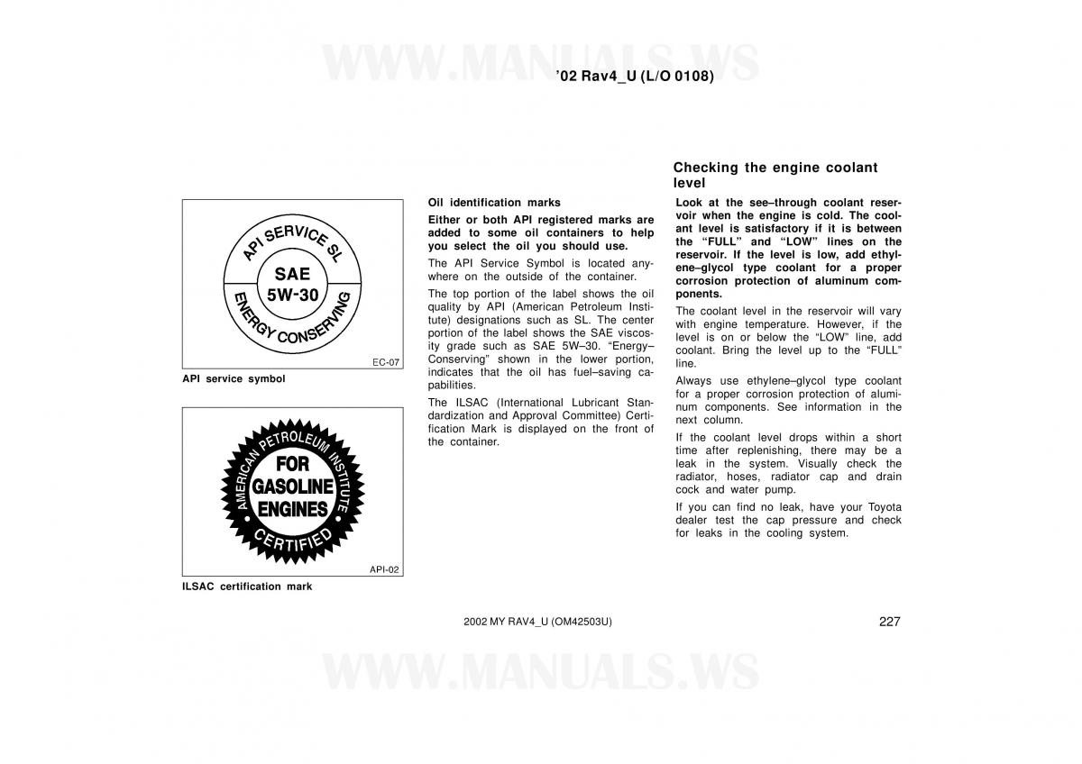 Toyota RAV4 II 2 owners manual / page 227