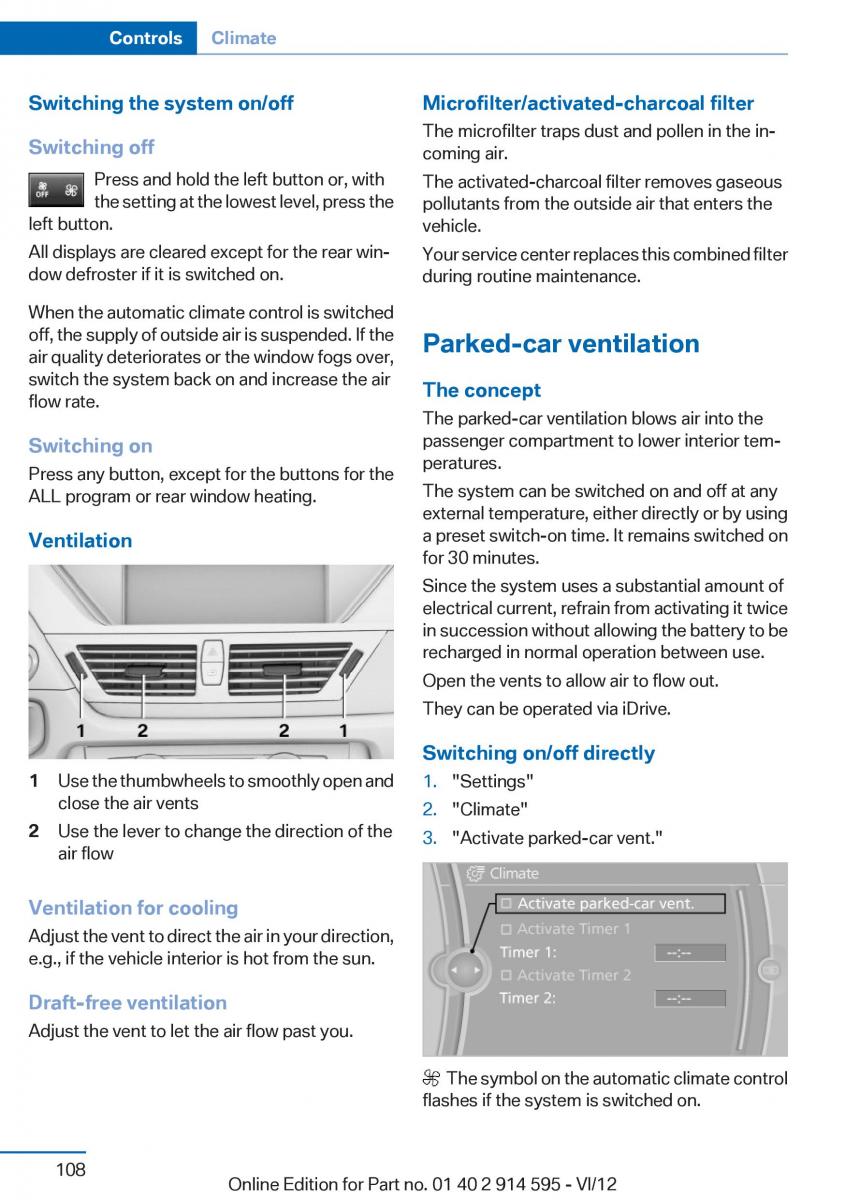 BMW X1 E84 owners manual / page 108